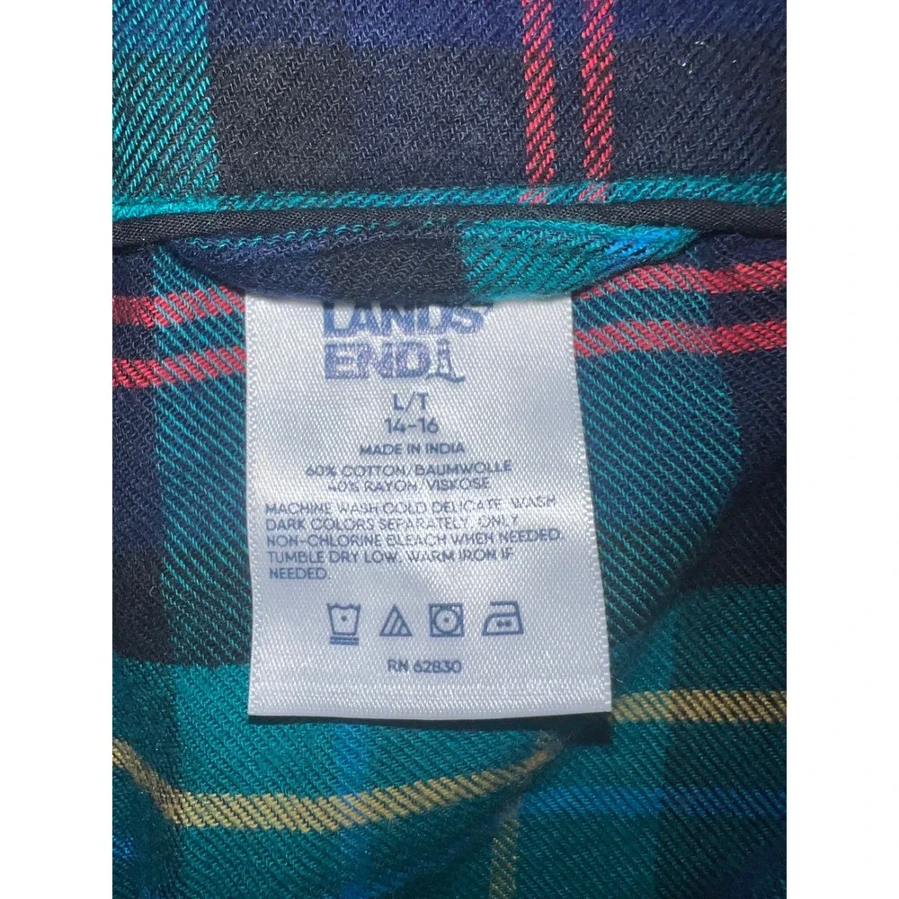 Lands End Womens Plaid Pajama Set Green Blue Cotton Rayon Short Sleeve L Tall